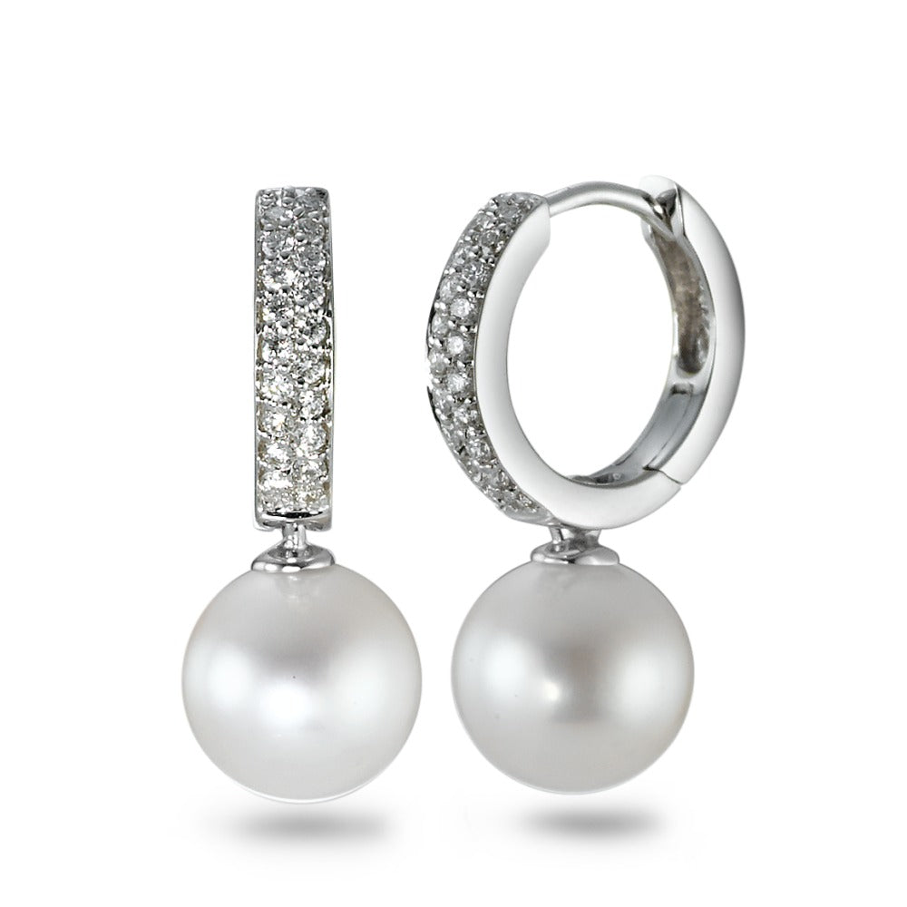 Orecchini circolari Oro bianco 750/18 carati Diamante 0.23 ct, 38 pietra, w-si Perla coltivata d'acqua dolce bianco, 2 Perla, 8 mm