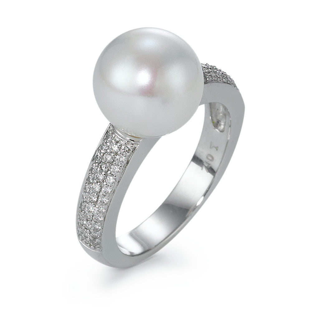 Anello Oro bianco 750/18 carati Diamante 0.32 ct, 66 pietra, w-si Perla coltivata d'acqua dolce bianco, 10 mm