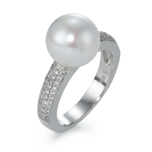 Anello Oro bianco 750/18 carati Diamante 0.32 ct, 66 pietra, w-si Perla coltivata d'acqua dolce bianco, 10 mm