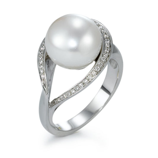 Anello Oro bianco 750/18 carati Diamante 0.13 ct, 40 pietra, w-si Perla coltivata d'acqua dolce bianco, 11 mm
