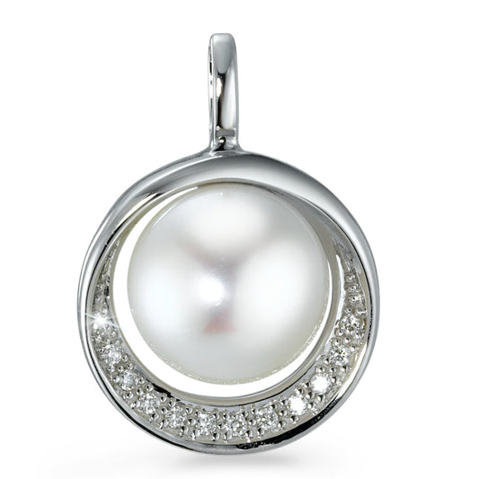 Ciondolo Oro bianco 750/18 carati Diamante 0.06 ct, 12 pietra, [Brillant], w-si Perla coltivata d'acqua dolce 9.5-10 mm Ø15 mm