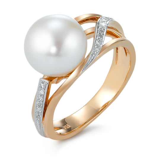 Anello Oro rosso 750/18 carati Diamante 0.08 ct, 16 pietra, [Brillant], w-si Perla coltivata d'acqua dolce 9.5-10 mm