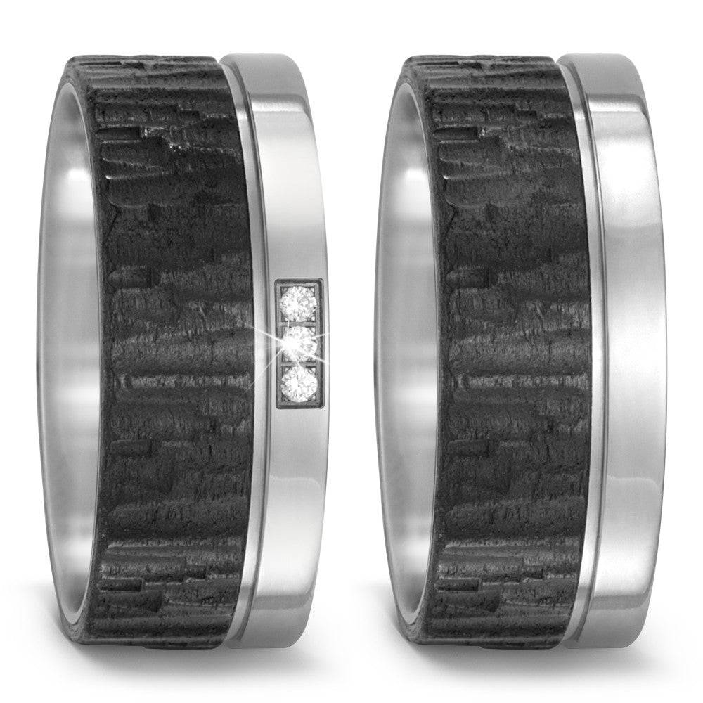 Anello Titanio, Carbonio Diamante 0.03 ct, 3 pietra, w-si