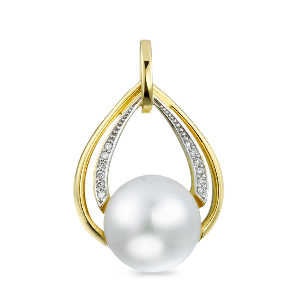 Ciondolo Oro giallo 750/18 carati Diamante 0.05 ct, 12 pietra, [Brillant], w-si Perla coltivata d'acqua dolce bianco, 10.5 mm