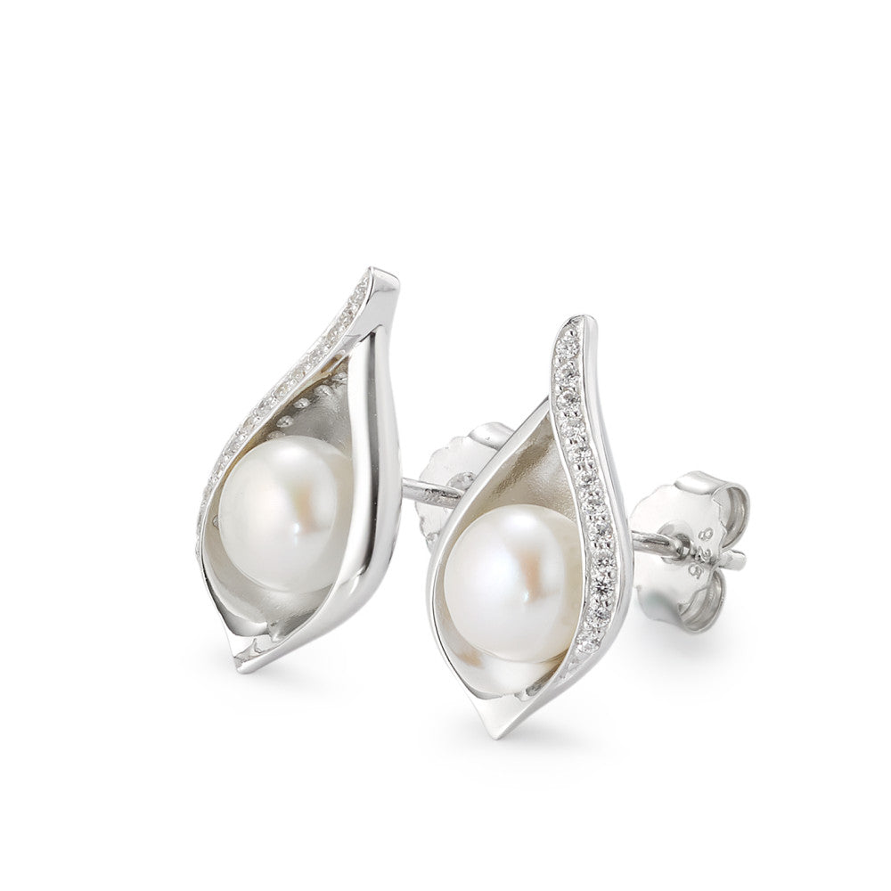 Orecchini a bottone Argento Zirconia 24 pietra rodiato Perla coltivata d'acqua dolce bianco, 2 Perla, 6 mm