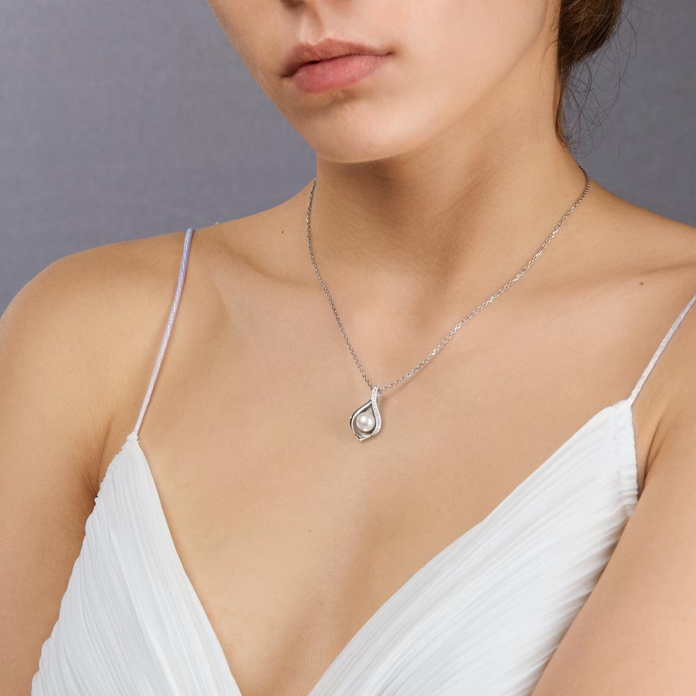 Ciondolo Argento Zirconia 14 pietra rodiato Perla coltivata d'acqua dolce bianco, 8 mm