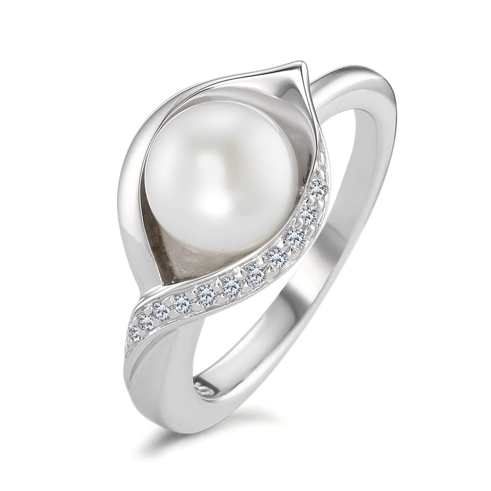 Anello Argento Zirconia 10 pietra rodiato Perla coltivata d'acqua dolce bianco, 7.5 mm