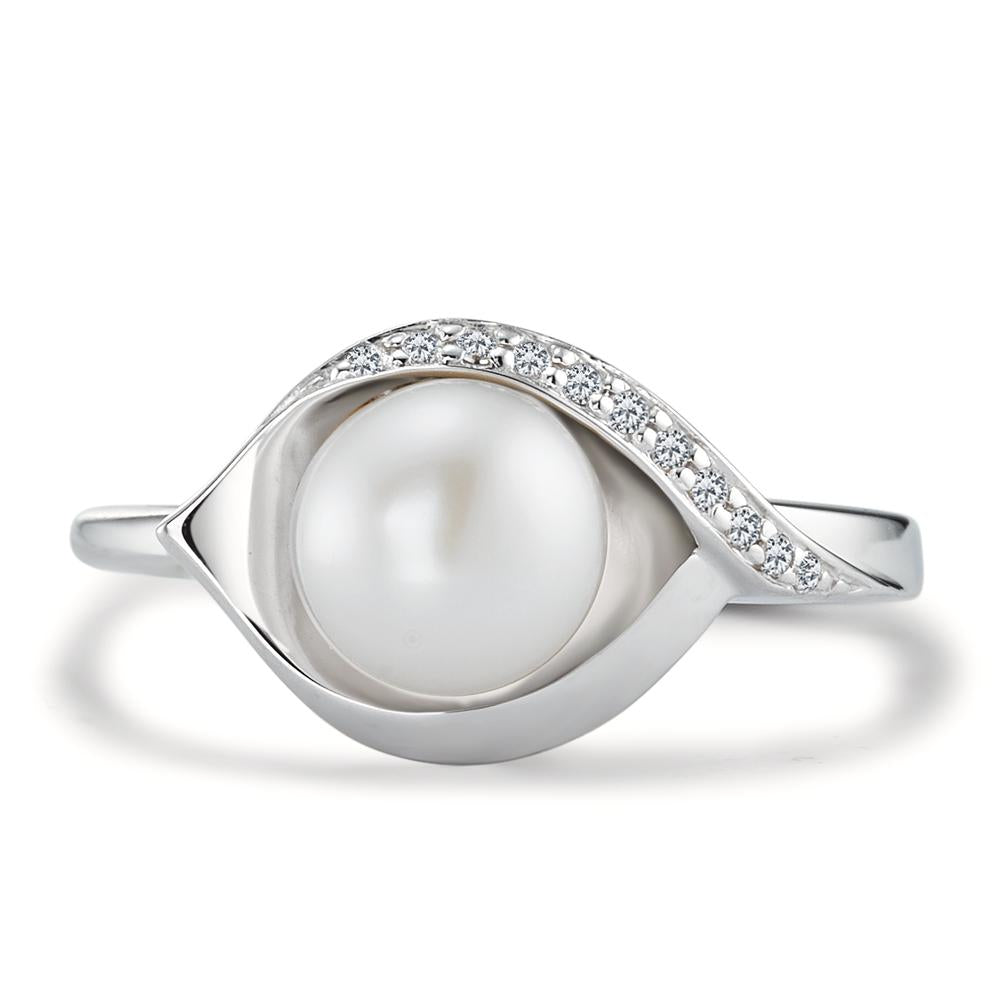 Anello Argento Zirconia 10 pietra rodiato Perla coltivata d'acqua dolce bianco, 7.5 mm