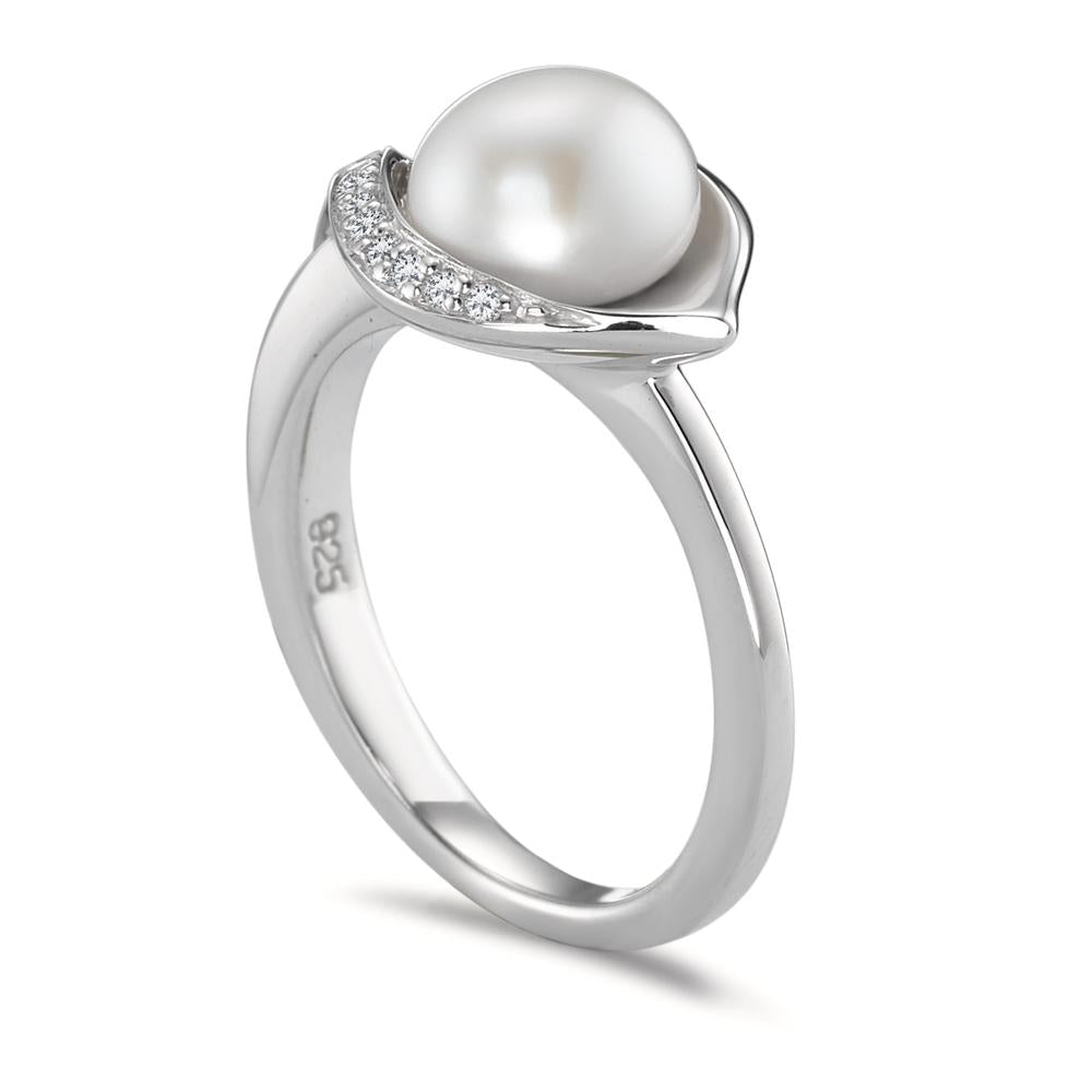 Anello Argento Zirconia 10 pietra rodiato Perla coltivata d'acqua dolce bianco, 7.5 mm