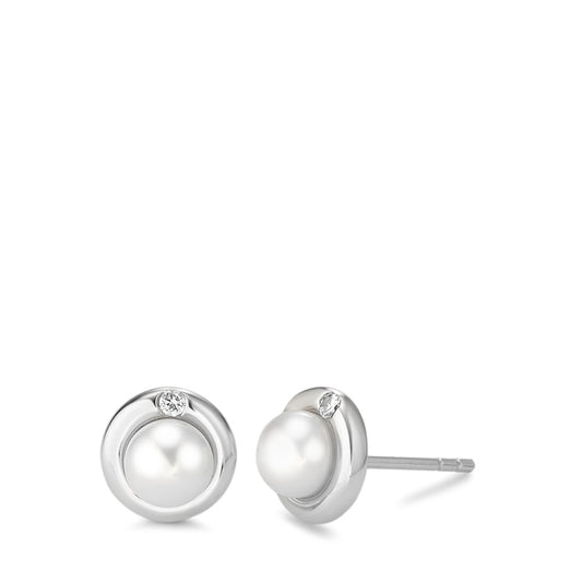 Orecchini a bottone Argento Zirconia 2 pietra rodiato Perla coltivata d'acqua dolce bianco, 2 Perla, 5.5 mm Ø9 mm