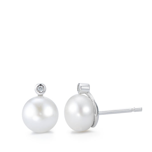Orecchini a bottone Argento Zirconia 2 pietra rodiato Perla coltivata d'acqua dolce bianco, 2 Perla, 8 mm