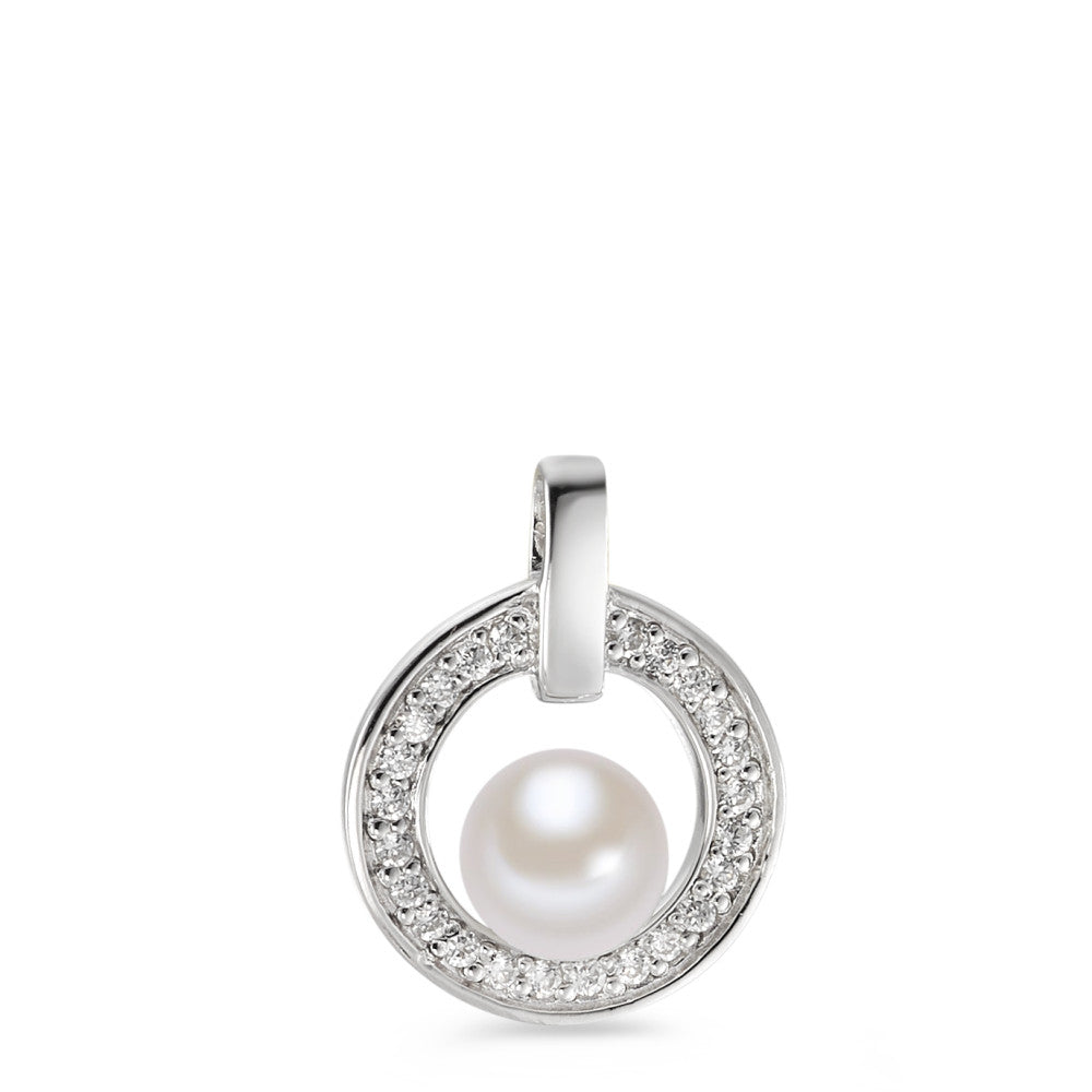 Ciondolo Argento Zirconia rodiato Perla coltivata d'acqua dolce bianco 6.5-7 mm Ø15 mm