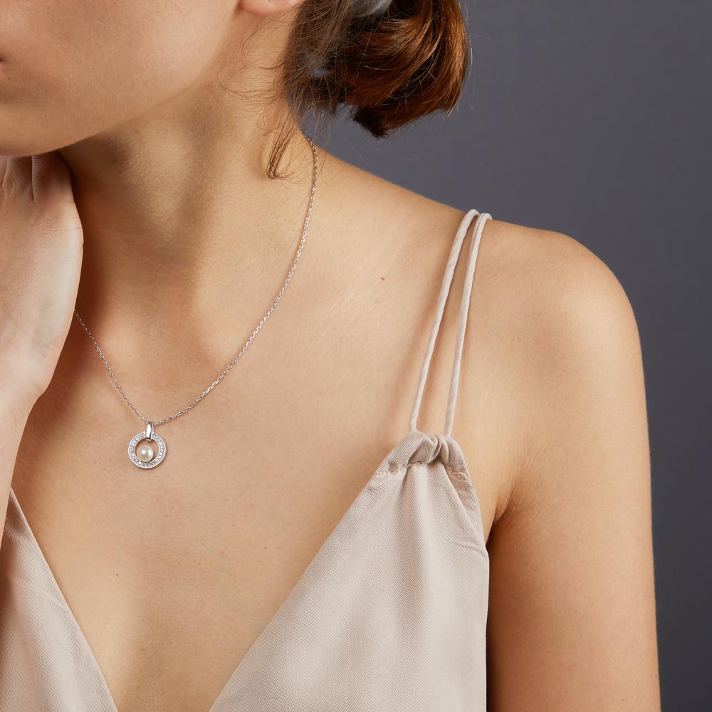 Ciondolo Argento Zirconia rodiato Perla coltivata d'acqua dolce bianco 6.5-7 mm Ø15 mm
