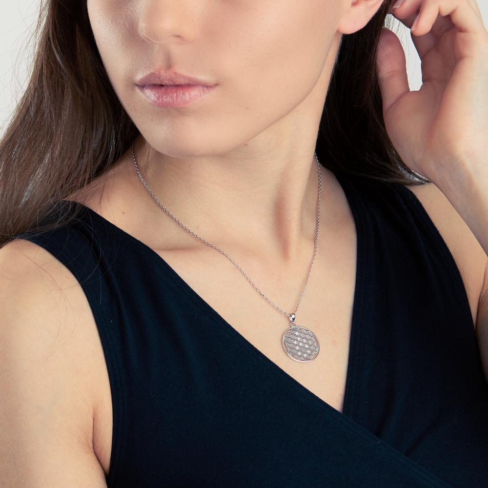 Ciondolo Argento Zirconia 10 pietra rodiato Fiore della vita Ø20 mm