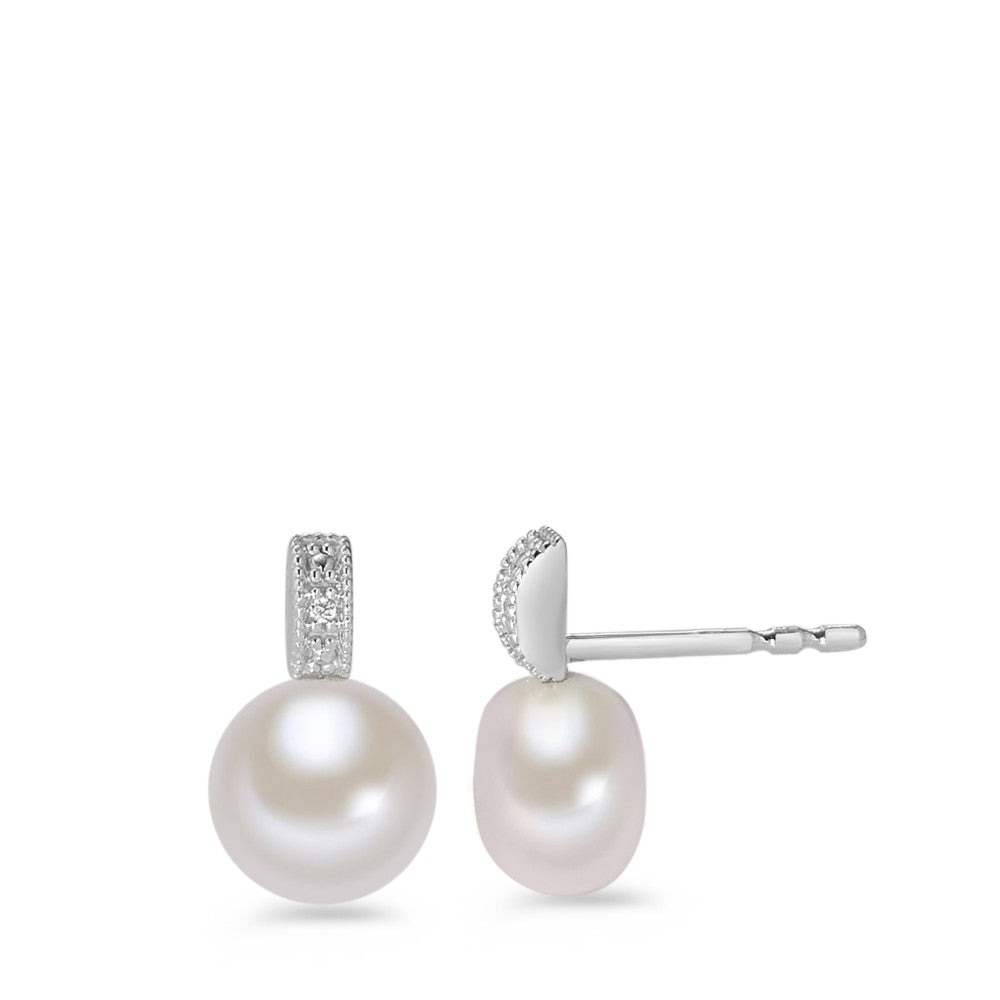 Orecchini a bottone Oro bianco 375/9K Diamante bianco, 0.006 ct, 4 pietra, [Brillant], p1 Perla coltivata d'acqua dolce