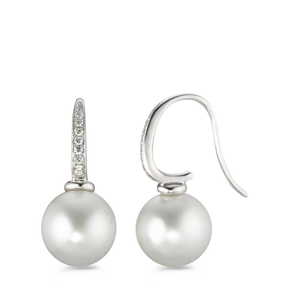 Orecchini Oro bianco 750/18 carati Diamante 0.14 ct, 14 pietra, w-si Perla di Tahiti bianco, 2 Perla, 10 mm