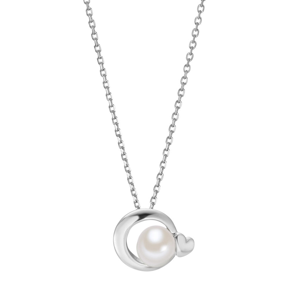 Catena con ciondolo Argento rodiato Perla coltivata d'acqua dolce bianco, 5.5 mm Cuore 40-42 cm