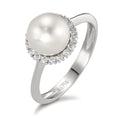 Anello Oro bianco 750/18 carati Diamante 0.18 ct, w-si Perla coltivata d'acqua dolce bianco, 8 mm