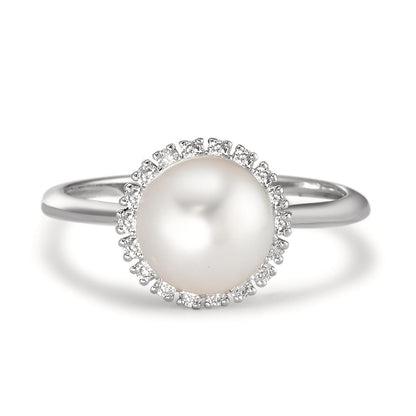 Anello Oro bianco 750/18 carati Diamante 0.18 ct, w-si Perla coltivata d'acqua dolce bianco, 8 mm