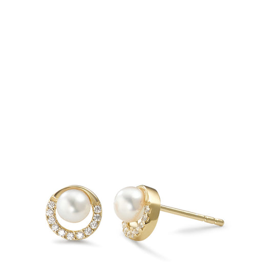 Orecchini a bottone Argento Zirconia 20 pietra giallo dorato Perla coltivata d'acqua dolce bianco, 2 Perla, 4.5 mm Ø7.5 mm