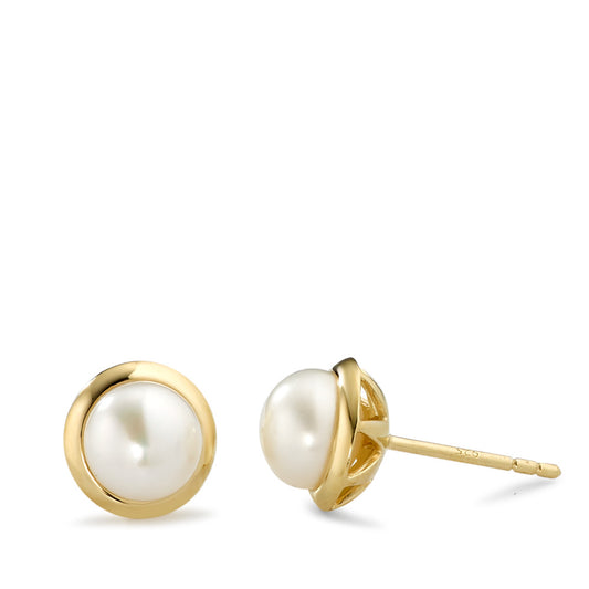 Orecchini a bottone Argento giallo dorato Perla coltivata d'acqua dolce bianco, 2 Perla, 7 mm Ø9 mm