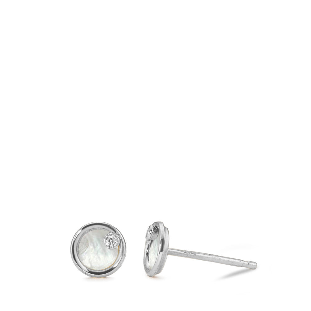 Orecchini a bottone Oro bianco 585/14 kt Zirconia 2 pietra Madreperla Ø5 mm