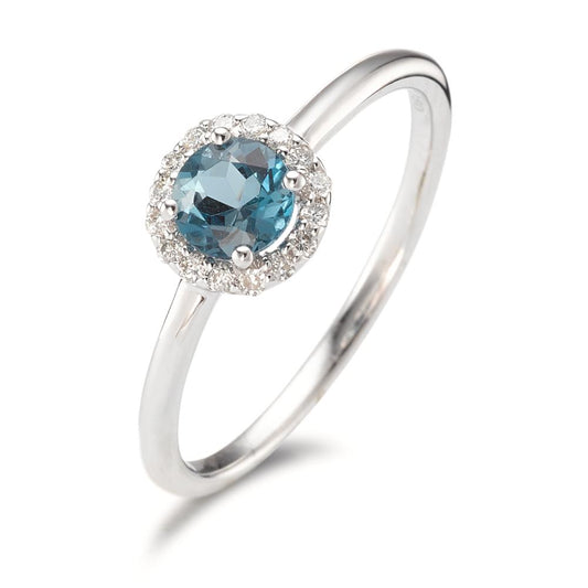 Anello Oro bianco 750/18 carati Topazio azzurro di Londra, Diamante 0.11 ct, 16 pietra, [Brillant], w-si