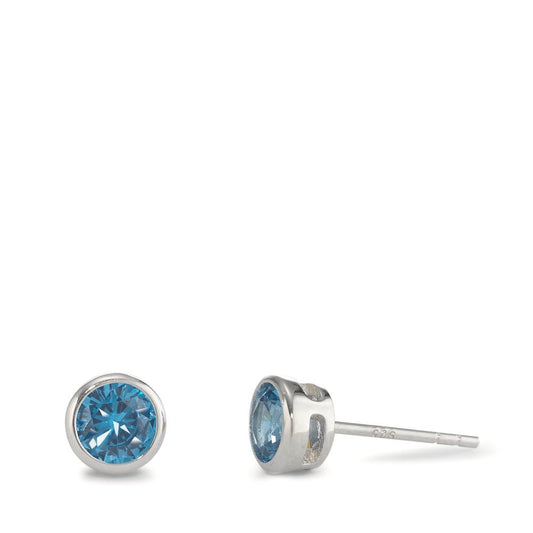 Orecchini a bottone Argento Zirconia blu, 2 pietra rodiato Ø6 mm