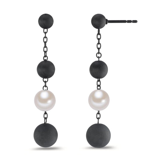 Orecchini Acciaio inossidabile, Carbonio nero rivestimento IP Perla di conchiglia bianco, 2 Perla, 7 mm Ø8 mm
