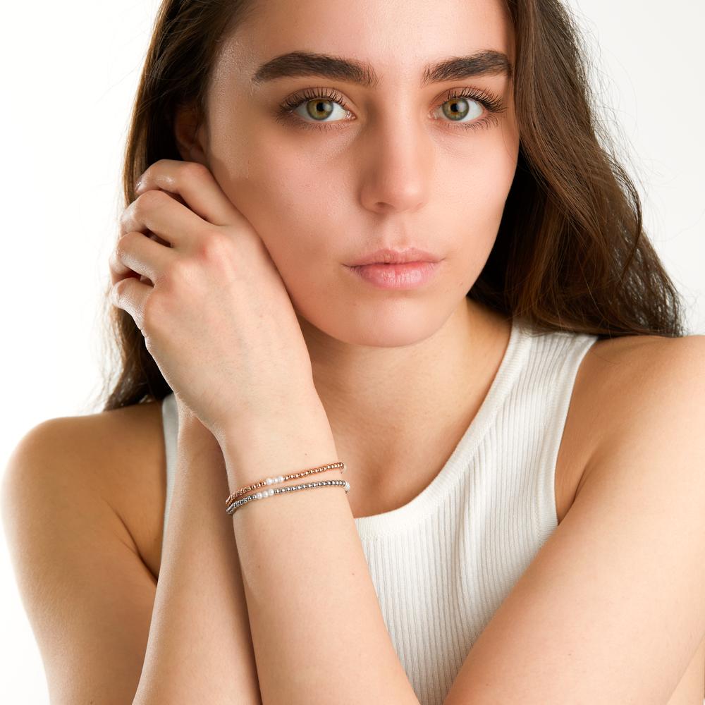 Bracciale Acciaio inossidabile rosa rivestimento IP Perla di conchiglia bianco, 9 Perla, 3 mm 17-19 cm Ø3 mm