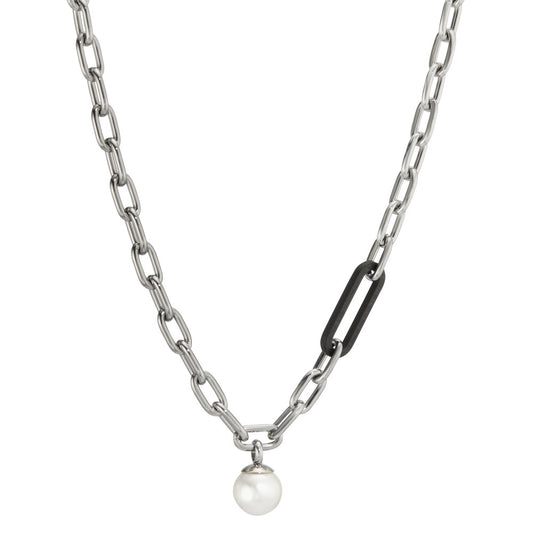 Collana Acciaio inossidabile, Carbonio Perla di conchiglia bianco, 9 mm 43-48 cm
