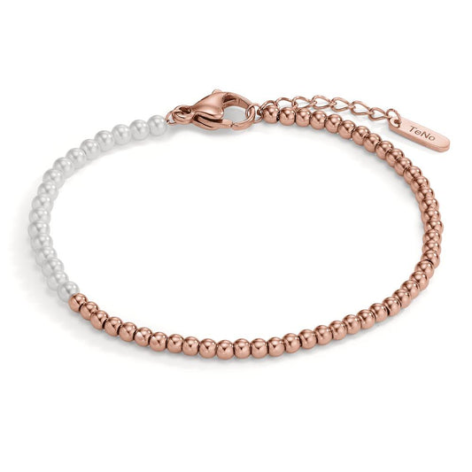 Bracciale Acciaio inossidabile rosa rivestimento IP Perla di conchiglia bianco, 17 Perla, 3 mm 17.5-19.5 cm Ø3 mm