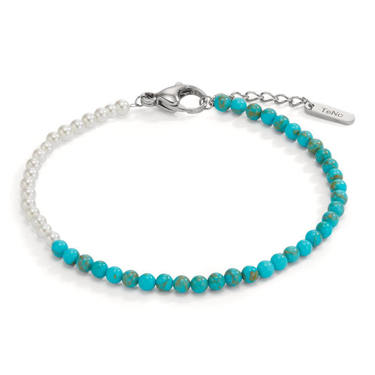 Bracciale Acciaio inossidabile Turchese Perla di conchiglia bianco, 54 Perla, 3 mm 17.5-19.5 cm Ø3 mm