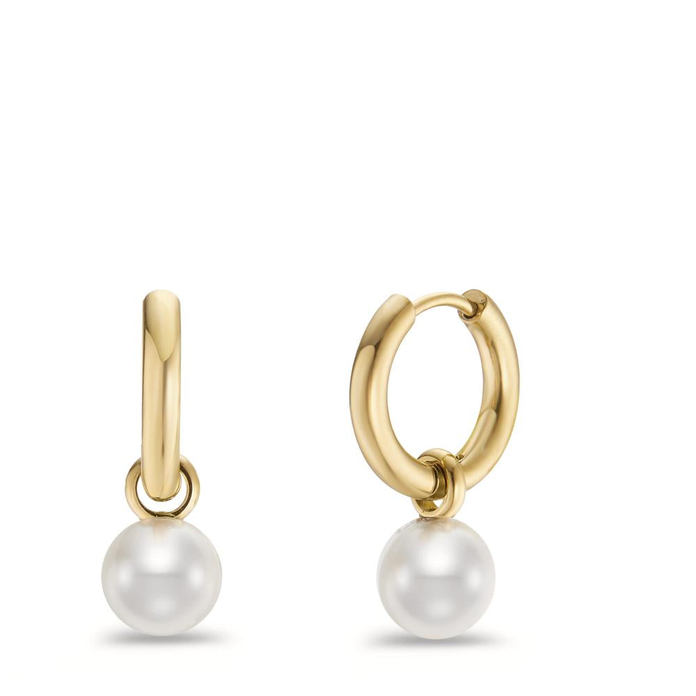 Orecchini a cerchio con pendente Acciaio inossidabile giallo rivestimento IP Perla di conchiglia bianco, 2 Perla, 8 mm