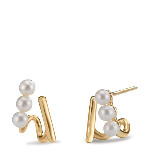 Orecchini a bottone Argento giallo dorato Perla coltivata d'acqua dolce bianco, 6 Perla, 3 mm