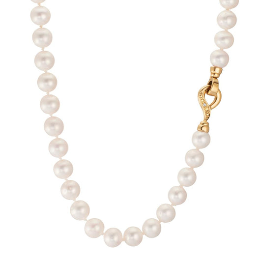 Collana Oro giallo 750/18 carati Diamante 0.02 ct, 2 pietra, w-si Perla coltivata d'acqua dolce bianco, 7.5 mm 47 cm