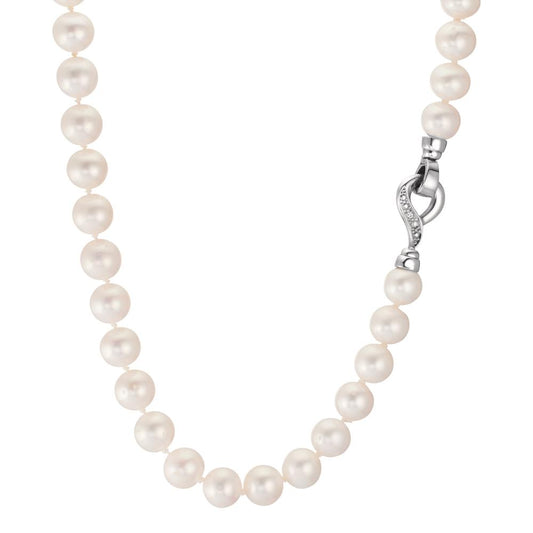 Collana Oro bianco 750/18 carati Diamante 0.02 ct, 2 pietra, w-si Perla coltivata d'acqua dolce bianco, 7.5 mm 50 cm