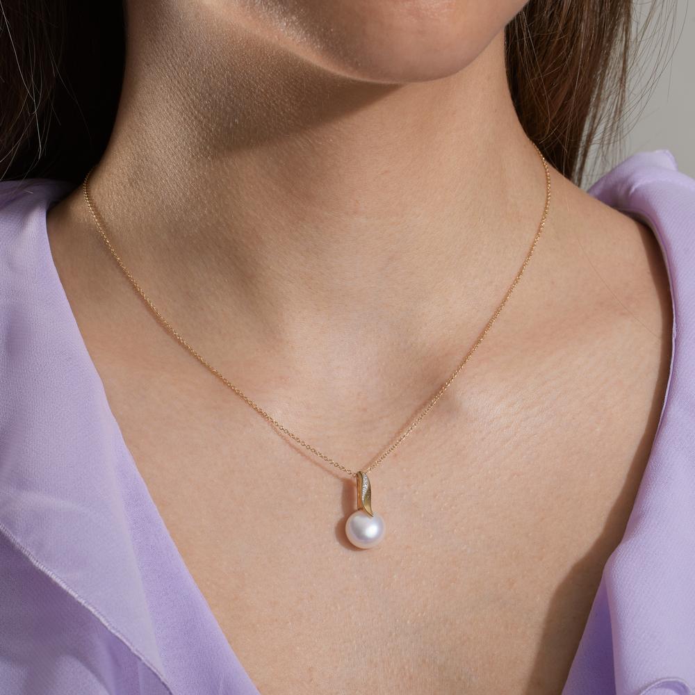 Catena con ciondolo Oro giallo 750/18 carati, Oro bianco 750/18 carati Diamante bianco, 0.01 ct, 2 pietra, [Brillant], w-si Perla coltivata d'acqua dolce 40-42 cm