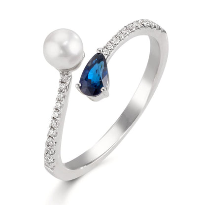 Anello Oro bianco 750/18 carati Diamante 0.105 ct, w-si, Zaffiro Perle Akoya 3.5-4 mm