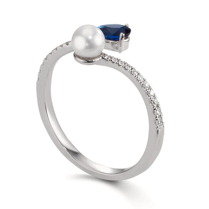 Anello Oro bianco 750/18 carati Diamante 0.105 ct, w-si, Zaffiro Perle Akoya 3.5-4 mm