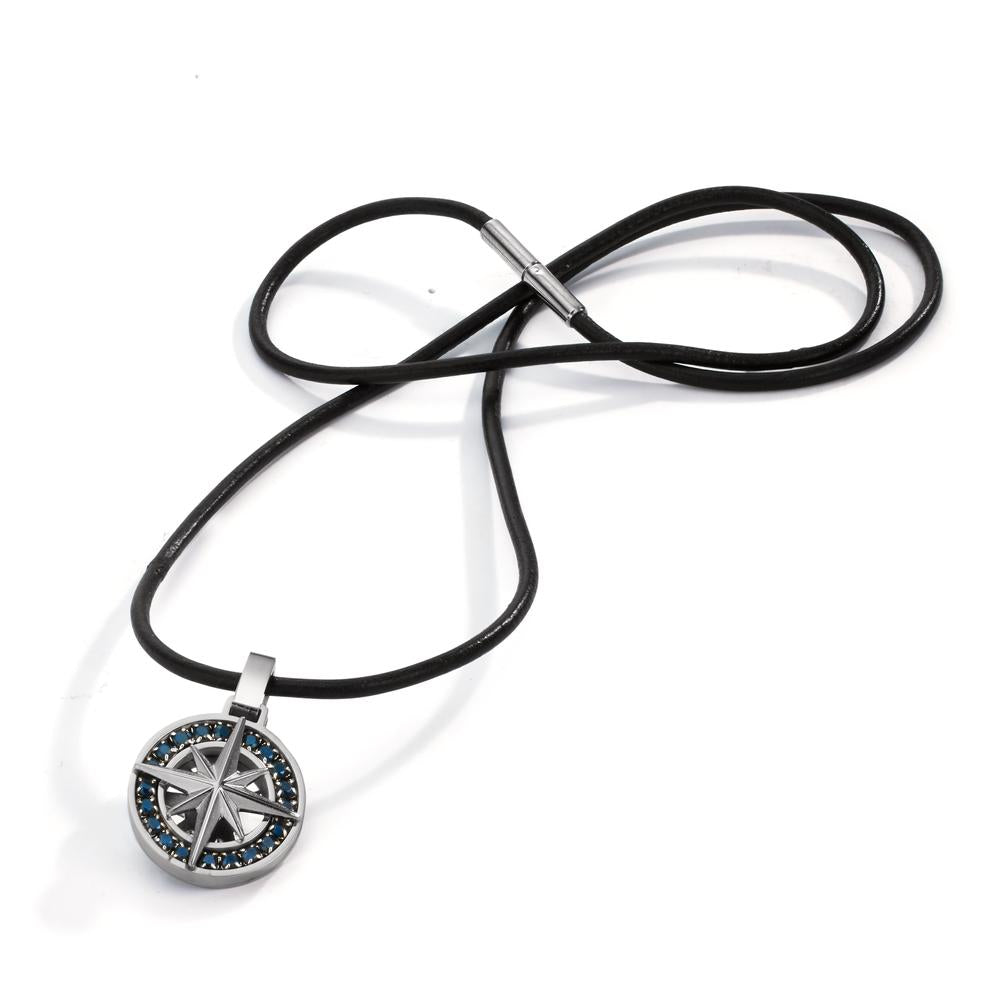 Catena con ciondolo Acciaio inossidabile, Pelle Zirconia nero Bussola 50 cm Ø18 mm
