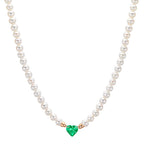 Collana Oro rosso 750/18 carati Smeraldo sintetico Perla coltivata d'acqua dolce, 3.5 mm Cuore 40-44 cm
