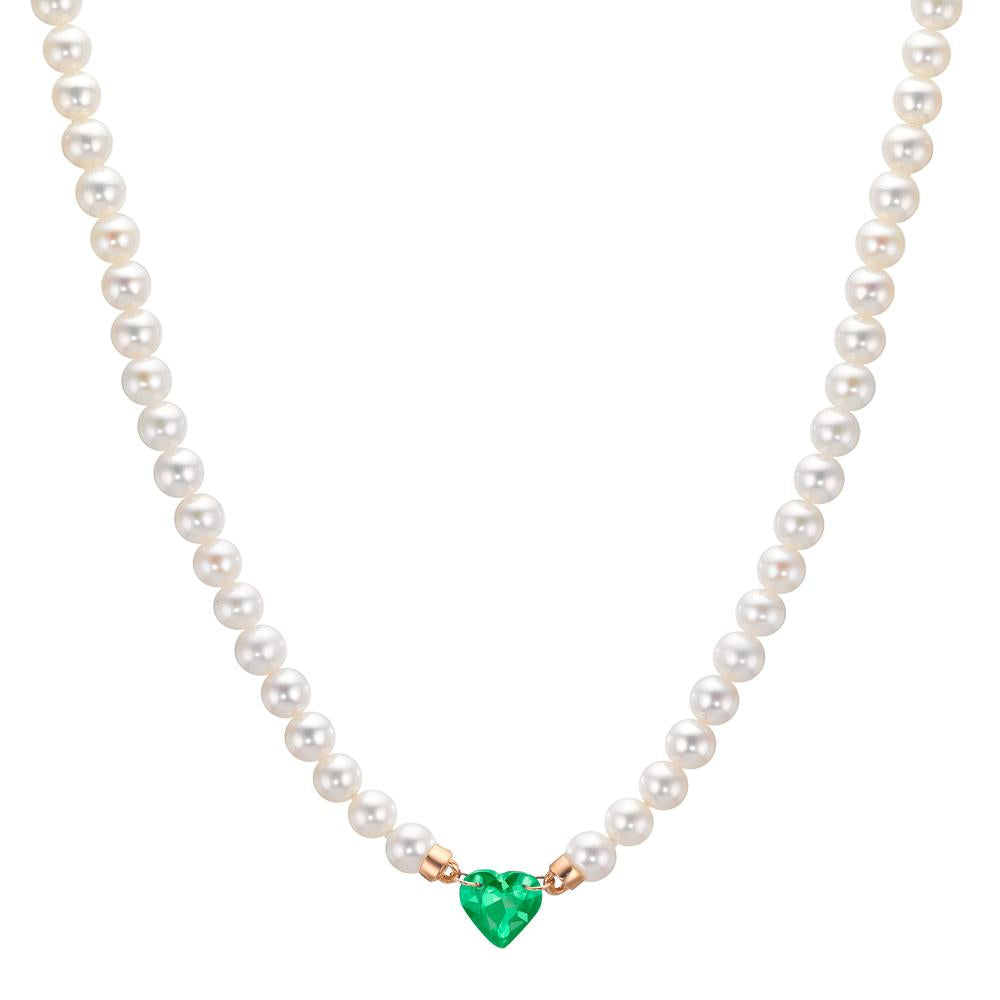 Collana Oro rosso 750/18 carati Smeraldo sintetico Perla coltivata d'acqua dolce, 3.5 mm Cuore 40-44 cm