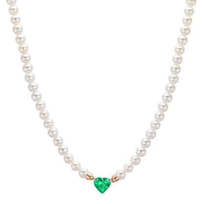 Collana Oro rosso 750/18 carati Smeraldo sintetico Perla coltivata d'acqua dolce, 3.5 mm Cuore 40-44 cm
