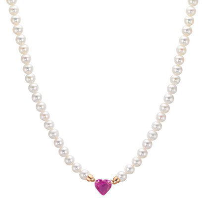 Collana Oro rosso 750/18 carati Rubino 0.62 ct Perla coltivata d'acqua dolce, 3.5 mm Cuore 40-44 cm