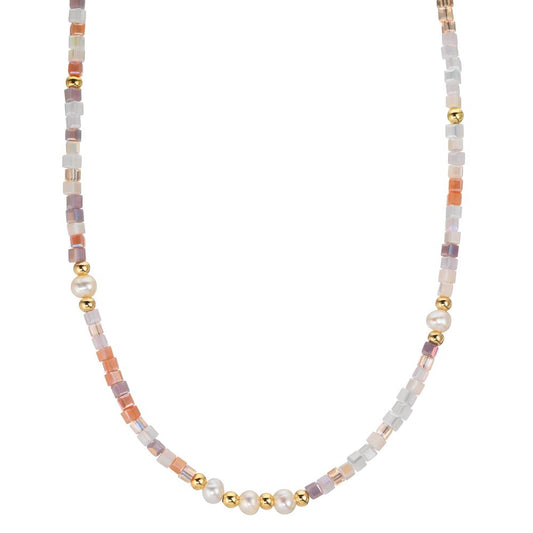 Collana Acciaio inossidabile Cristallo rosa giallo rivestimento IP Perla coltivata d'acqua dolce, 5 Perla 4-4.5 mm 43 cm