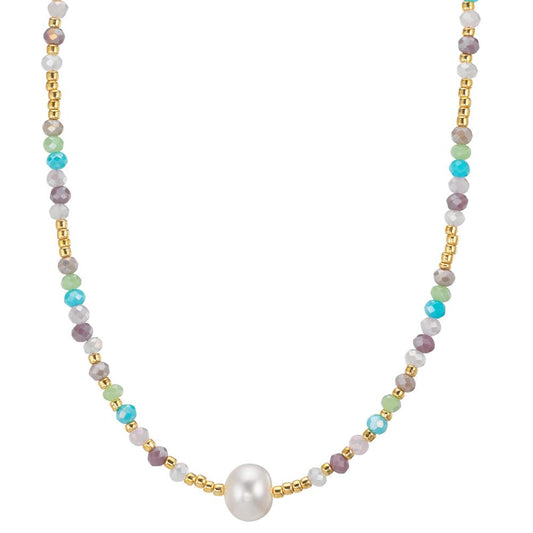 Collana Acciaio inossidabile Cristallo multicolore giallo rivestimento IP Perla coltivata d'acqua dolce, 8 mm 42 cm