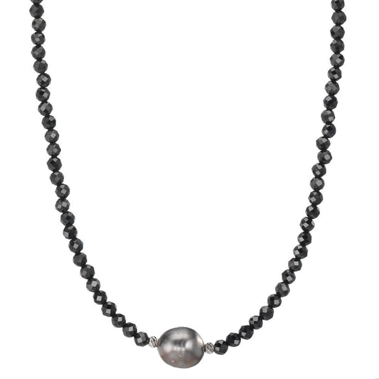 Collana Acciaio inossidabile Spinello nero, 3 mm Perla di Tahiti, 9.5 mm 43-47 cm