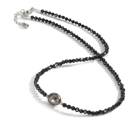 Collana Acciaio inossidabile Spinello nero, 3 mm Perla di Tahiti, 9.5 mm 43-47 cm