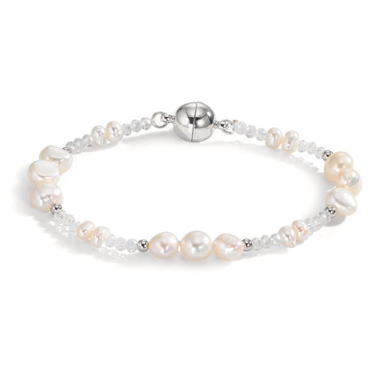 Bracciale Acciaio inossidabile Cristallo bianco Perla coltivata d'acqua dolce 18 cm
